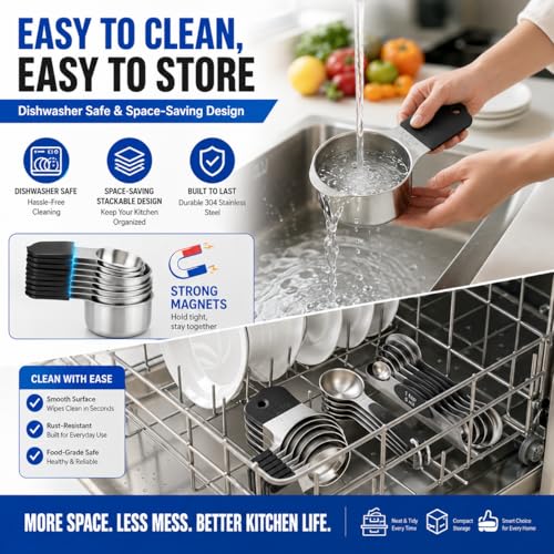 Black Magnetic Measuring Cups and Spoons Set - 15 pcs Stainless Steel Kitchen Utensils