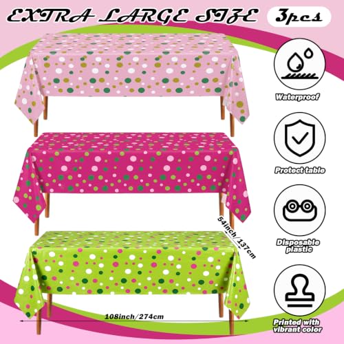 Oudain 3 Pcs Pink & Green Polka Dot Tablecloths 54 x 108 in – Disposable Plastic Event Covers