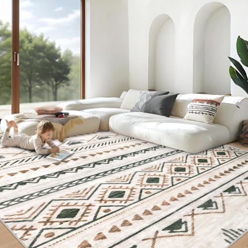 Aoyaomi 8x10 Brown & Green Boho Geometric Area Rug - Non-Slip, Washable, Soft Floor Carpet for Living Room & Bedroom