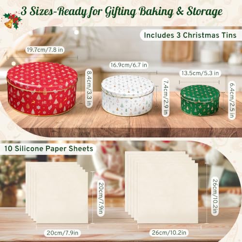 3 Pack Christmas Cookie Tins with Lids - Nesting Metal Storage Containers with Parchment Sheets