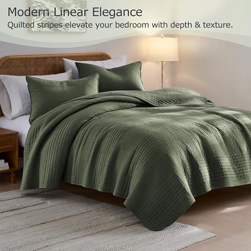 Queen Size Striped Cotton Quilt Set - Olive Green, 3-Piece Bedding with Shams