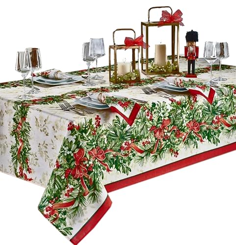 Newbridge 120x60 Inch Christmas Holly Ribbon Tablecloth - Holiday Festive Decor