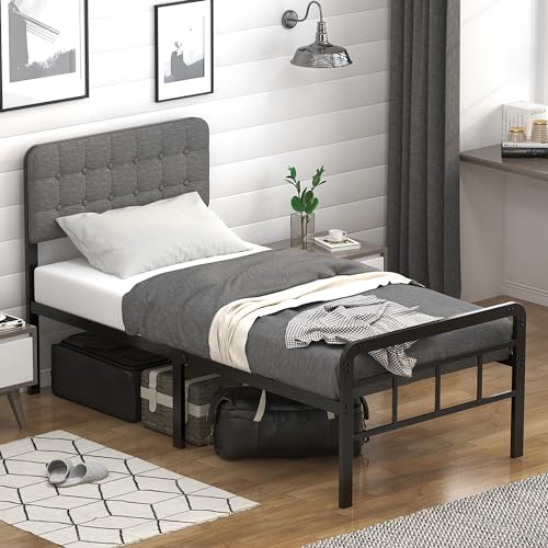 EMODA Twin XL Bed Frame with Upholstered Headboard & Metal Footboard, No Box Spring Needed, Easy Assembly