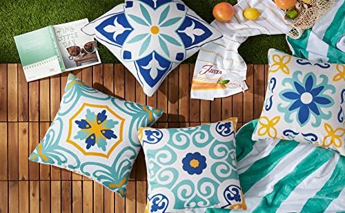 Pyonic Outdoor Waterproof Throw Pillow Covers - Set of 4 Floral Boho Design for Patio Furniture | 18x18 Inch Blue