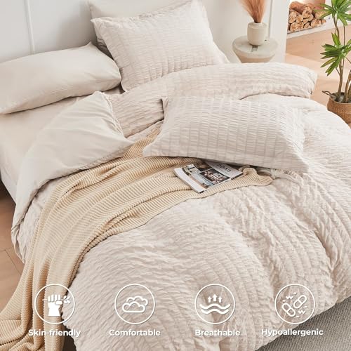 Queen Comforter Set - 7-Piece Seersucker Bedding in Beige, 88x88 Inches - Bed in a Bag with Deep Pocket Fitted Sheet