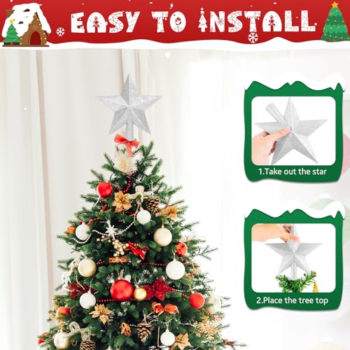 SRISE Silver 8 Inch Glitter Christmas Star Tree Topper Holiday Decor