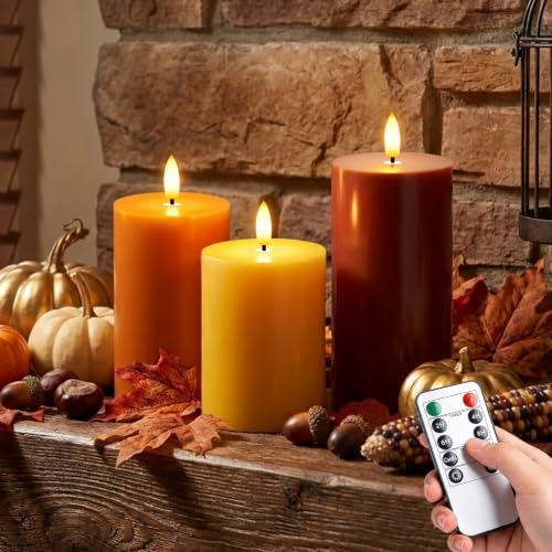 Fall Decor Flameless Pillar Candle Set - Autumn Colors, Real Wax, Safe Flicker