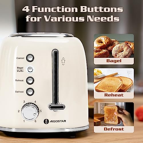 Aigostar 2-Slice Retro Toaster Cream White | Wide Slot Bread Toaster