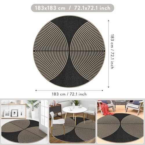 6ft Round Rainbow Rug - Modern Easy Jute Look Outdoor & Indoor Carpet - Charcoal Black Variation