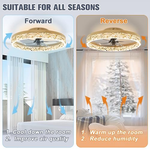 VOLISUN 19.7in Gold Flush Mount Ceiling Fan with Lights & Remote, Dimmable 3000K-6500K, Modern Quiet Fan for Bedroom & Living Room