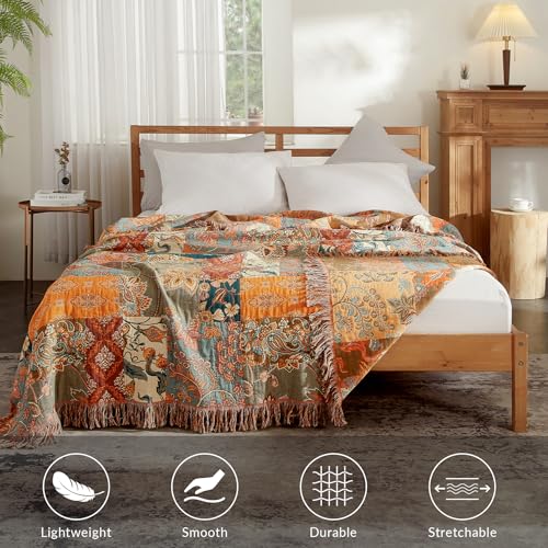 Boho Patchwork Throw Blanket - 100% Cotton Floral Woven Quilt Twin 60x80 - Bailix