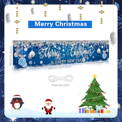 Blue & Silver Merry Christmas Yard Banner 118x24in - Dual Holiday Backdrop