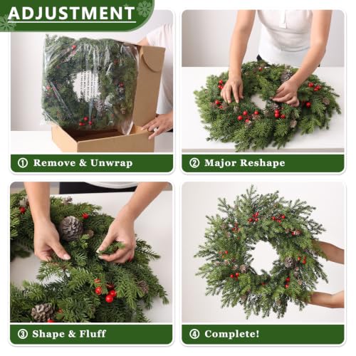 24in Norfolk Pine Christmas Wreath with Red Berries, Front Door Decor