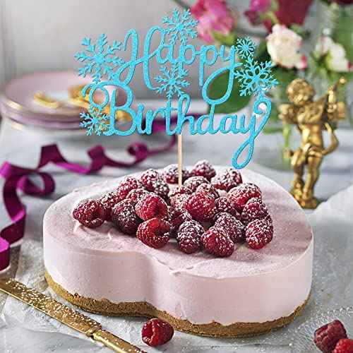 1 PCS Happy Birthday Snowflake Cake Topper Glitter Winter Frozen Snowflake Cake Pick Decoration for Winter Wonderland Baby Shower Kids Birthday Christmas Party Decorations Supplies Blue