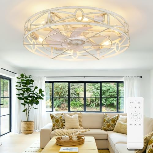 Depuley Cement 24-inch Flush Mount Ceiling Fan with Remote, Reversible 6-Speed, Light Fixture