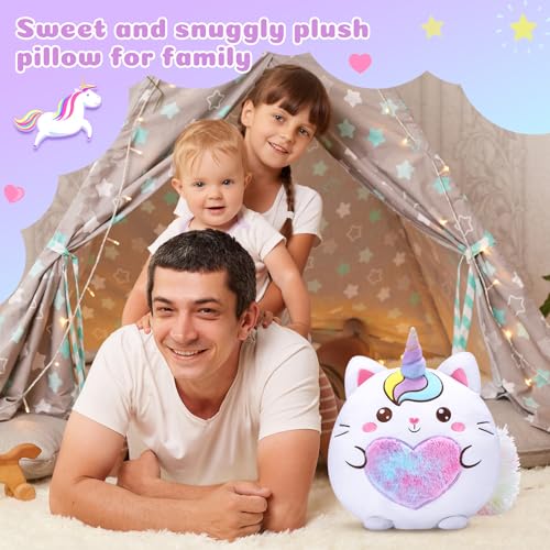 Leyndo Stuffed Unicorn Pillow Plush 14 Inch Cat Plush Toy Unicorn Cat Stuffed Animal Birthday Kitty Plushies Pillow for Christmas Birthday Kids Toddlers Girls Boys Room Sofa Car Decor(Cute)