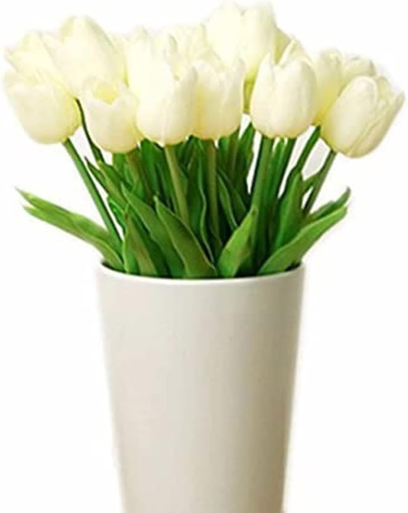 Real Touch Mini PU Tulips Bouquet - Premium Artificial Flowers for Wedding, Home & Event Decor (Set of 30, Cream White)