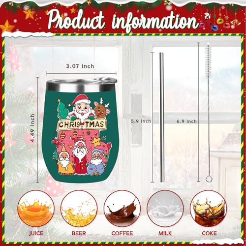GUDEMAO 12 oz Christmas Insulated Stainless Steel Wine Tumbler with Lid – Green, 1 Pack