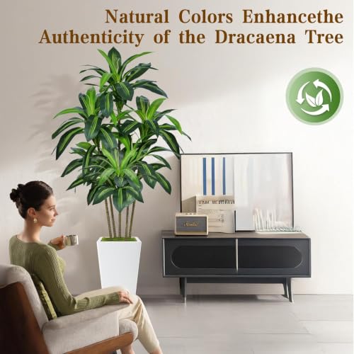Artificial Dracaena Tree 7FT with White Tall Planter - Realistic Indoor Floor Plant - Variation: White 7ft