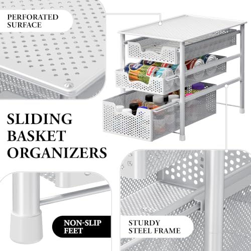 3-Tier White Sliding Basket Organizer - Space-Saving Kitchen & Bathroom Storage