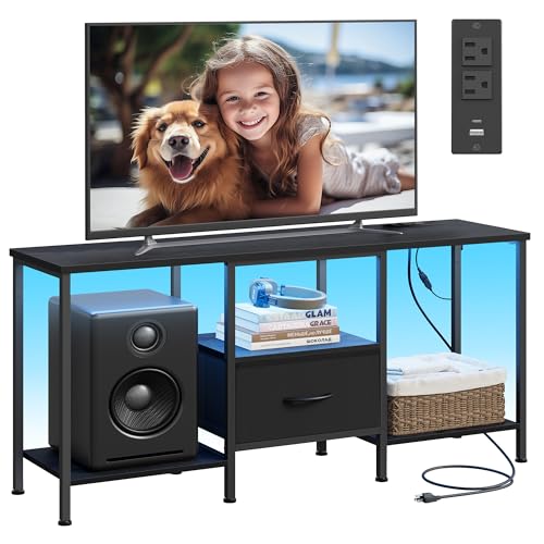 Ink Black 55-Inch TV Stand with LED Lighting, Storage & Adjustable Feet