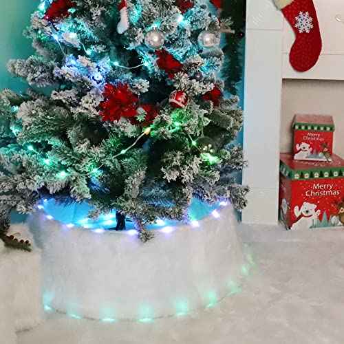 24 inch Christmas Tree Collar, 17 Light Modes White Plush Tree Collar Decoration with Remote, Round Christmas Tree Collars Ring for Christmas Artificial Pencil Trees Decor