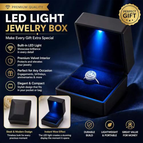 Red Ring Box with Blue LED Light - Square Velvet Jewelry Gift Box for Proposal