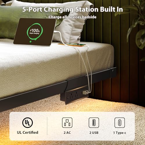 Black Queen Floating Bed Frame with Smart LED Lights & Charging Station