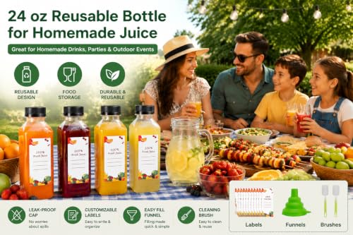 24oz Reusable Juice Bottles Set with Caps Labels Funnel Brush - OBKJJ 80pcs