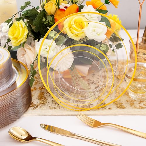 WELLIFE 300Pcs Clear Gold Disposable Dinnerware Set - Heavy Duty Plates, Cups & Cutlery - Variation: Clear Gold / 300