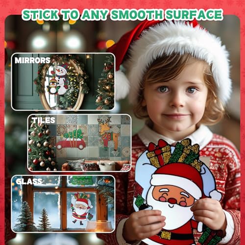 Christmas Window Clings, 15"X9" Reusable Static Cling Gel Window Stickers Holiday D?cor,Christmas Window Stickers Includes Santa Claus Snowman Xmas Tree,Removable Window Sticker, 6 pcs