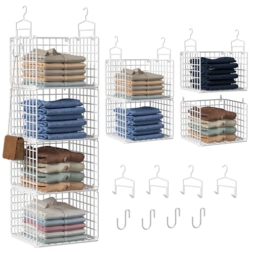 Orapoke White 4-Tier Hanging Closet Organizer without Drawer, Wall-Mountable Metal Storage Shelves