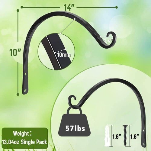 Feed Garden 14-Inch Decorative Hanging Plant Brackets - 2 Pack Wall Hooks for Outdoor Use | Black