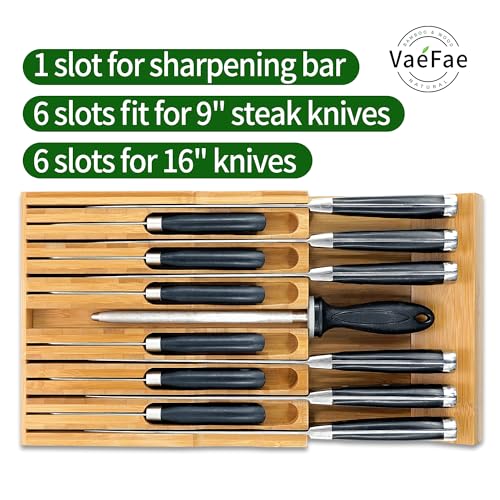 12 Slot Bamboo Knife Drawer Organizer - Universal Kitchen Knife Block with Sharpener Slot