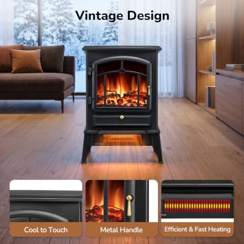 ZAFRO 22 Inch Electric Fireplace Stove with 3D Flame and Adjustable Heat - Black
