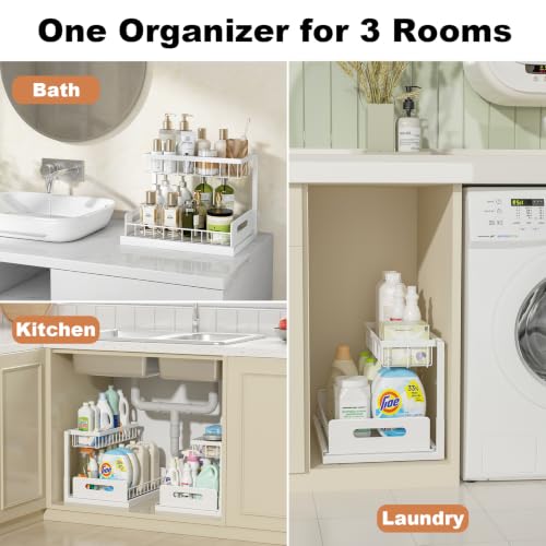 REALINN 2 Pack Under Sink Organizer White L-Shaped 2-Tier Pull-Out Cabinet Storage