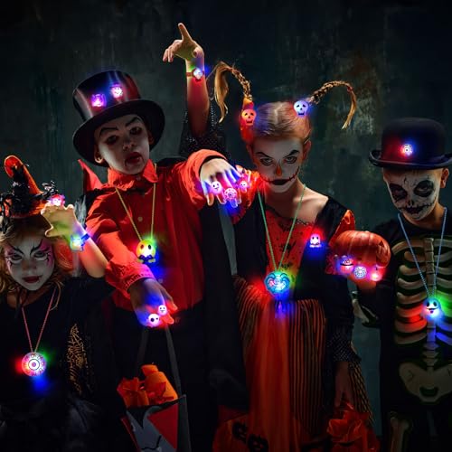 118 Pack Halloween Glow in the Dark Party Favors for Kids - Light Up Rings, Brooches, Necklaces, Bracelets