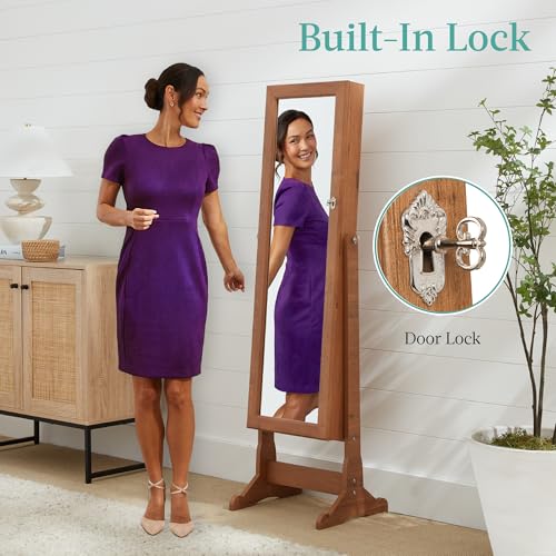 Gray Oak Jewelry Armoire Cabinet with Mirror, Lockable Makeup Storage & 5 Shelves