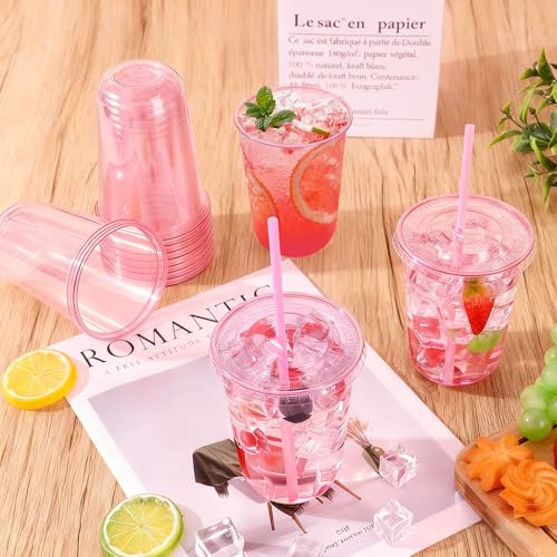 Pink Plastic Disposable Cups with Lids & Straws - 16oz, 100 Sets