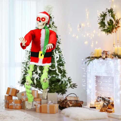 4 ft Santa Skeleton Outdoor Halloween Christmas Decor – Hanging Yard Display