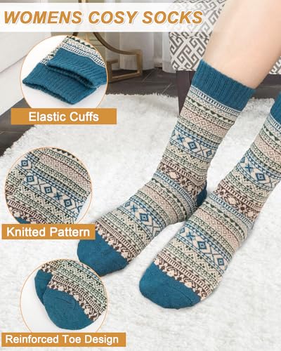 Senker Fashion Wool Socks for Women - 5 Pairs Winter Warm Crew Boot Socks, One Size, Blue Dark Blue Brown Red Green