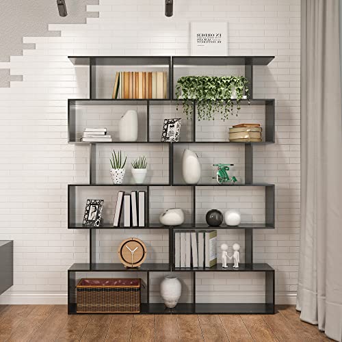 Yusong 6-Tier Geometric Bookcase Shelf Black 27.8"W x 9.4"D x 74"H Modern Wood Display