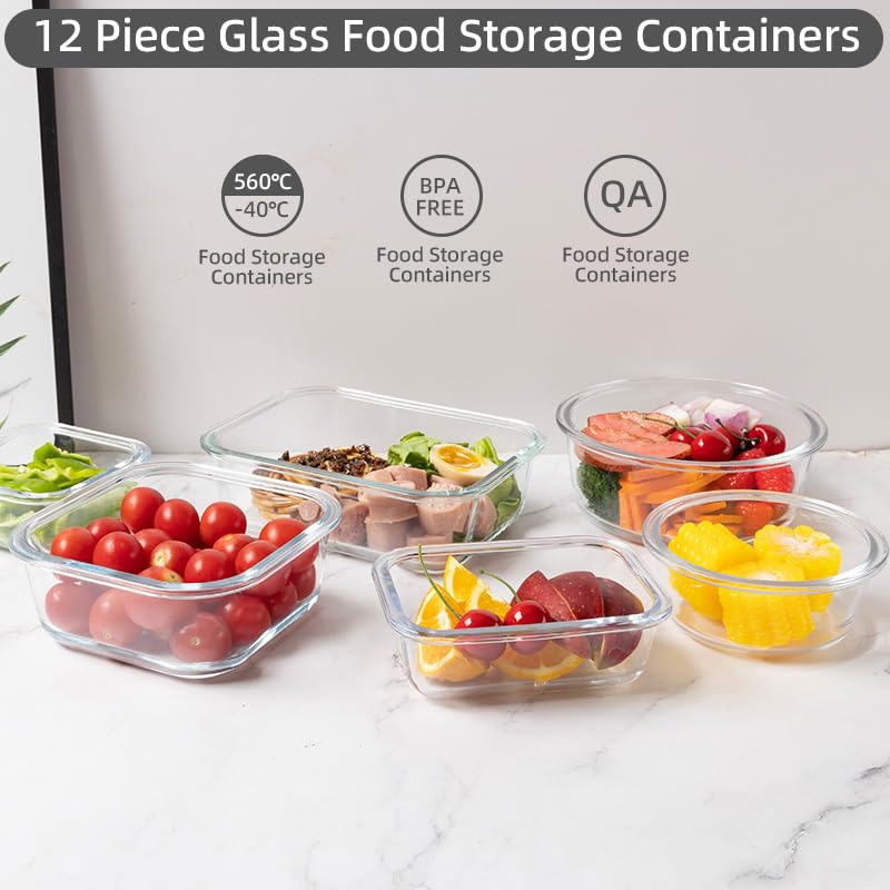 Pink Glass Storage Containers Set 12 Pack - Stackable Food Prep & Pantry Organizer