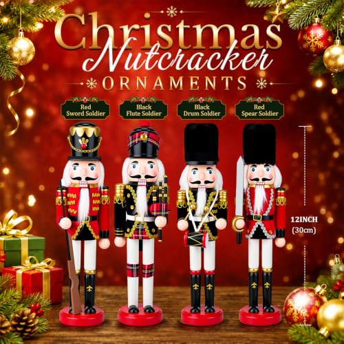 Huwena 4 Pack 12-Inch Red & Black Nutcracker Figurines - Christmas Decor