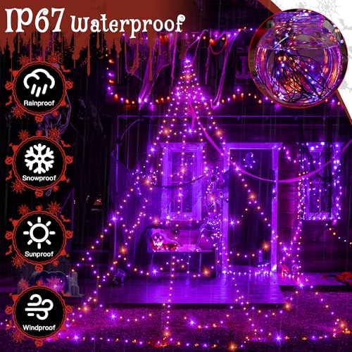 Halloween Spider Web String Lights Outdoor 454 LED Orange & Purple - 17.4FT with Remote & Timer