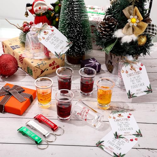 Roshtia 36 Sets Christmas Party Favors Acrylic Shot Glasses 1.2 oz with Bottle Opener Keychains and Greeting Cards