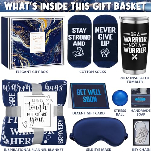 Navy Blue Get Well Soon Gift Basket for Men - Care Package with Blanket Socks Stress Ball & More