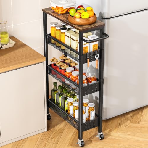 Vivihomety 4-Tier Slim Metal Laundry Cart with Wheels - Black, 7.1 Inch Wide
