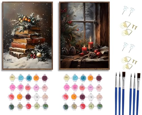 Paint by Number Set 2Pcs Christmas Snow Covered Book Stack & Cozy Window Nook 16x20in - Unframed
