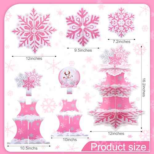 Zopeal 3 Tier Snowflake Cupcake Stand Winter Cake Stand Winter Dessert Tower Cupcake Tray Holder Snowflake Cake Stands for Birthday Party Christmas Holiday Decoration Supplies(Pink)